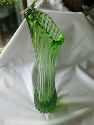 Vintage Green Ribbed Stretch Glass Vase 12 1/2 " Tall