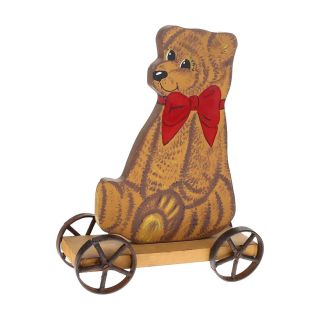 Vintage Large Antique Bear Wood Pull Toy Iron Wheels Decor Brown Hand Painted
