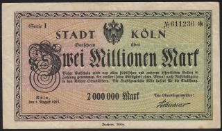 1923 2 Million Mark Koeln Germany Old Vintage Emergency Money Banknote Bill Vf