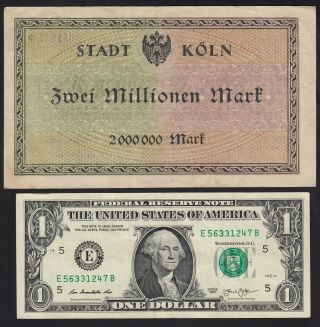 1923 2 Million Mark Koeln Germany Old Vintage Emergency Money Banknote Bill VF 2