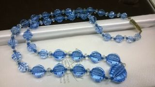 Vintage Jewellery Art Deco Style Blue Clear Crystal Glass Graduated Bead Necklac