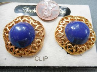 Vintage Nos Pr Quality Classic Blue Glass Gold Tone 1 1/4 " Clip Earrings D50