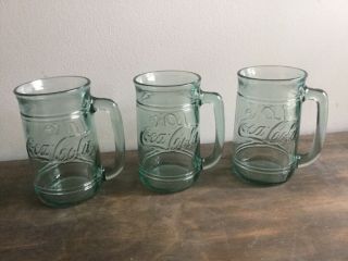 Set Of 3 Vintage Coca - Cola Green Glass Stein Mugs W Handles Coke Rare 16 Ounces