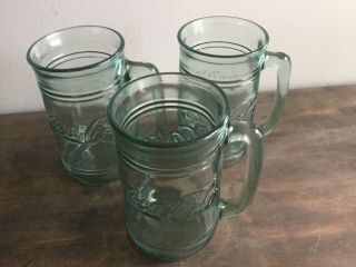 Set Of 3 Vintage Coca - Cola Green Glass Stein Mugs w Handles Coke Rare 16 Ounces 2