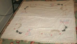 Vintage Tablecloth Hand Embroidered Pink Lady Walking Scotty Lace Edge 32 " X 35 "