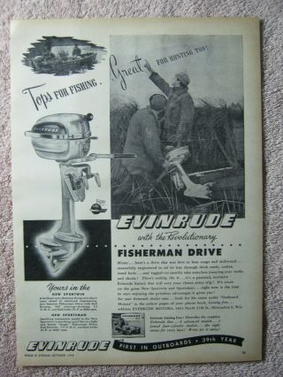Vintage 1948 Evinrude Outboard Motor Fisherman Drive Fishing Hunting Print Ad