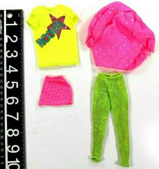 Barbie Vintage Clothes The Rockers 80 ' s Pink Jacket Green Leggings Top,  Skirt 2