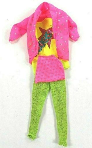 Barbie Vintage Clothes The Rockers 80 ' s Pink Jacket Green Leggings Top,  Skirt 3