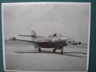 1955 Vintage Photo Of Us Navy F9f - 2 Panther Three Quarter View On Flight Line