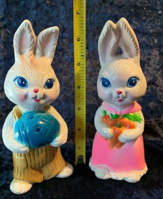 2 Vintage 60s 70s Easter Bunny Boy Girl Hard Plastic Rabbit Figures 6.  5” & 7”