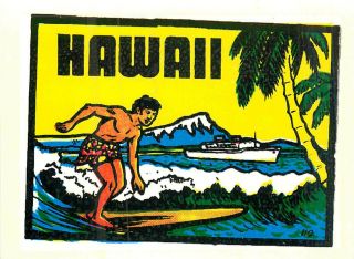 Hawaii Long Board Surfer Vintage Water Slide Decal