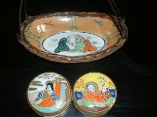 Vintage Japanese Satsuma Ware Trinket Boxes Hand Painted With Basket