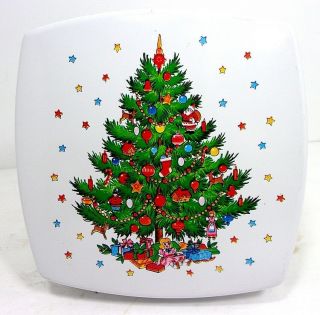 Vtg 1990s Berman Square Plastic Cookie Tin Container W Lid Stars Christmas Tree