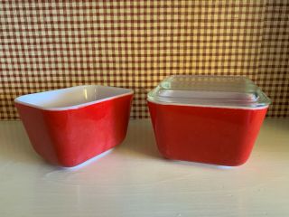 2 Vintage Primary Red Pyrex Refrigerator Bowls; One With Lid; 1950s