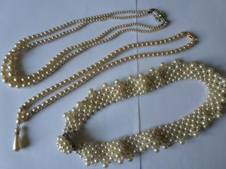 3 Vintage Circa Mid To Late 20th Century Faux Pearl Necklaces Inc X Choker