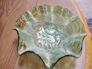 Vtg Green Imperial Carnival Glass Pansy Ruffled Bowl