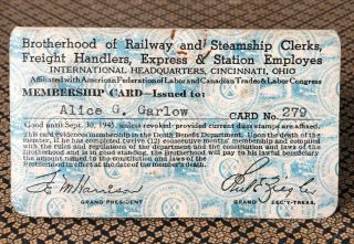 Vintage 1943 Brotherhood Of Railway & Steamship Employees Union Membership Card