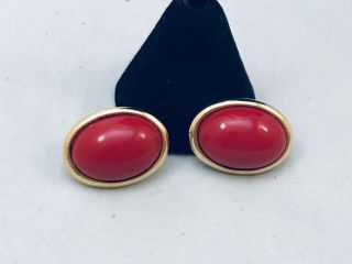 Vtg.  Crown Trifari Red Oval Cabochon & Shiny Gold Tone Pierced Earrings