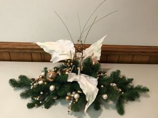 Vintage Christmas Centerpiece - Decorated With Gold Ornaments And White Leaves