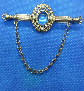 Vintage Victorian Style Chatelaine Chain Bar Brooch Blue Glass Cab & Faux - Pearls