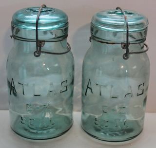 2 VINTAGE ATLAS E - Z SEAL BLUE QUART CANNING JARS WITH GLASS LID AND WIRE BALE 2