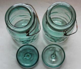 2 VINTAGE ATLAS E - Z SEAL BLUE QUART CANNING JARS WITH GLASS LID AND WIRE BALE 3