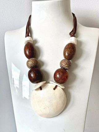 Vintage Style Extra Chunky Runway Statement Shell & Wood Beaded Necklace