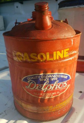 Vintage Delphos No.  Red 2 Gallon Galvanized Gasoline Can Gas Fuel Container