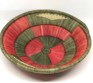Vintage Hand Woven Dyed Natural Grass Basket Bowl Green & Red Southwestern 10.  5 "