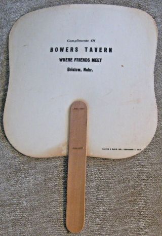 Vintage Bristow Nebraska Bowers Tavern Advertising Paper Fan Wooden Handle 50s