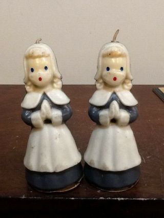 2 Vintage Gurley Pilgrim Thanksgiving Twin Girls Candle Buffalo Ny