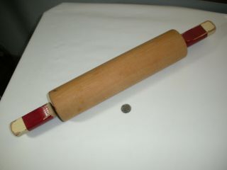 Vintage Rolling Pin Red/white Enamel Paint Handles On Rod Thru Pin,  16 - 3/4 "