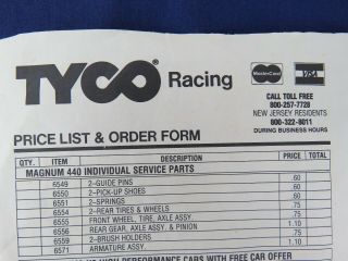 Orig Vntg 1986 Price List & Order Form Tyco Racing Slot Car,  Parts & Accessories