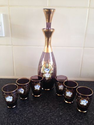 Vintage Venetian Amethyst Purple Decanter And 6 Glasses With Gold Overlay