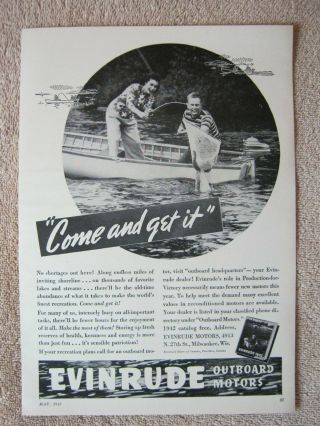 Vintage 1942 Evinrude Outboard Boat Motors Man Woman Fishing Print Ad