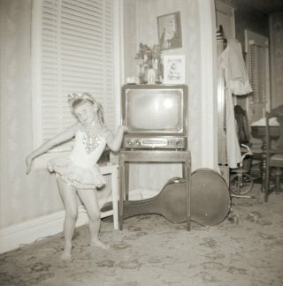 Vintage Darling Girl Negative 1950s Living Room Pose B & W Tv