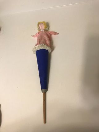 Vintage Cone Pop Up Wooden Stick Hand Puppet Girl Yarn Hair