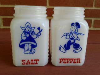 Vintage Milk Glass Dutch Boy And Girl Salt & Pepper Shaker Set No Tops
