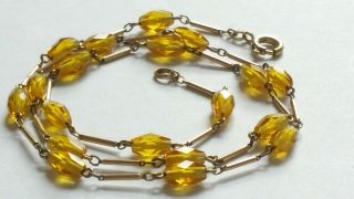 Czech Vintage Art Deco Linked Yellow Faceted Glass Oval Bead Necklace