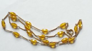 Czech Vintage Art Deco Linked Yellow Faceted Glass Oval Bead Necklace 2