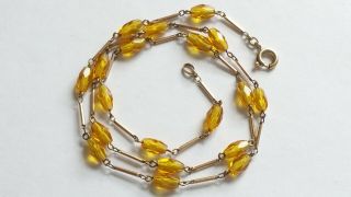 Czech Vintage Art Deco Linked Yellow Faceted Glass Oval Bead Necklace 3