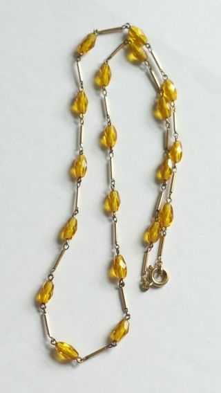 Czech Vintage Art Deco Linked Yellow Faceted Glass Oval Bead Necklace 5