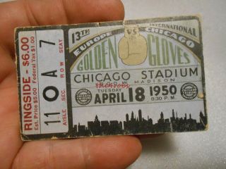 Vintage 1950 Golden Gloves Boxing Ticket Stub Chicago Stadium Europe Vs Chicago
