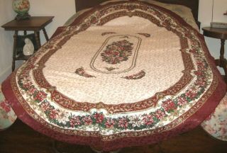 Vintage Oval Christmas Tablecloth Red Poinsettia Flowers Green Leaves 58 " X 84 "