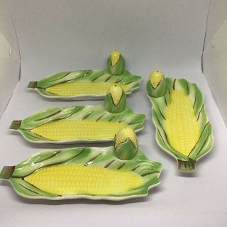 Vintage Corn On The Cob Dishes With Salt Shakers Set Of 4 Corn Trays