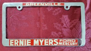 Vintage Ernie Myers Ford Mercury Chrome Red License Plate Frame Greenville Ohio