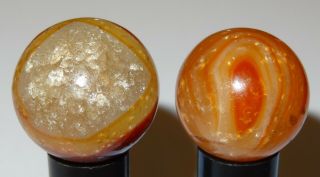 2 Vintage Handmade Natural Stone Agate Bullseye Shooter Marbles,  0.  96” & 0.  89”