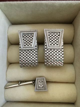 Vintage Mid Century Art Deco Wrap Around Silver Mesh Cuff Links And Tie Pin Set
