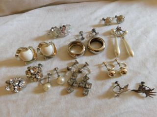 Set Of 10 Pairs Of Earrings Vintage Screw On Backs,  Sterling Birds,  Rhinestones
