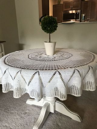 Vintage 52 Inch White Hand Crocheted Tablecloth